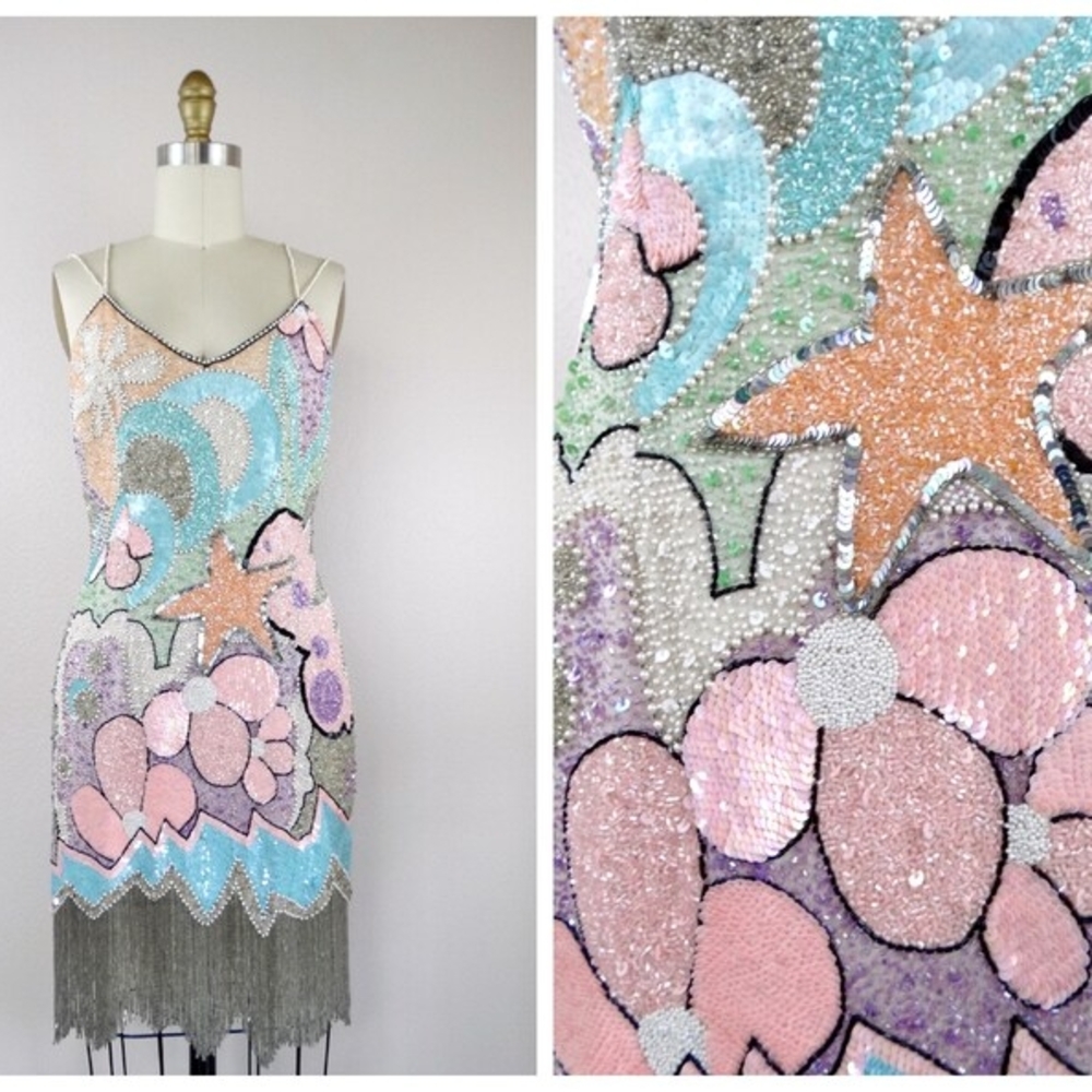 RIAZEE/Lillie Rubin VINTAGE Beaded Fringe Silk Dress